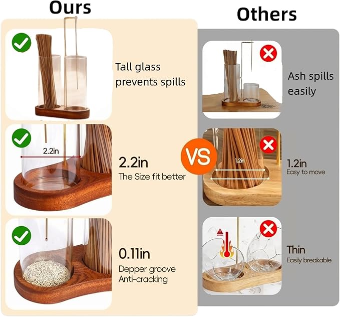 2 in 1 Glass Incense Holder for Sticks, Upside Down Incense Burner with Wooden Base & Removable Ash Catcher, Mess-Free Home Decor for Meditation Yoga Spa