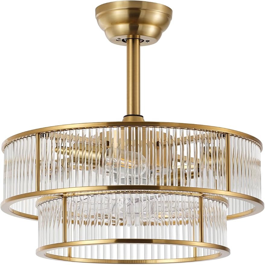 Copper Fandelier Ceiling Fans with Lights, 20" Copper Crystal Chandelier Ceiling Fan with Light Remote Control, Caged Mid Century with 6 Speeds for Bedroom, Living Room, Nursery
