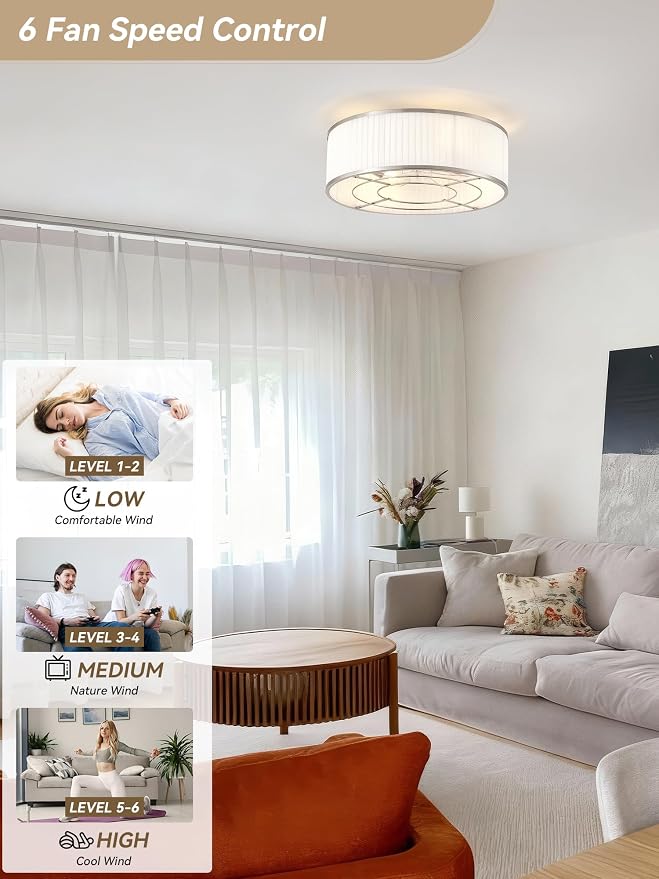 Boho Ceiling Fan with Light Flush Mount, 20" Caged Ceiling Fan with Light Remote Control Silver, Low Profile Ceiling Fans Bladeless Chrome 6 Speeds for Bedroom, Living Room, Nursery