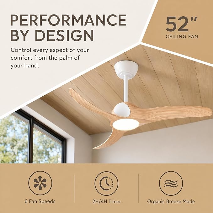 52 inch Ceiling Fan with Light, White/Wood Reversible Blades | Modern Low Profile Flush Mount, 3-Speed Reversible DC Motor, Dimmable 3-Color LED, Remote Control for Bedroom Living Room