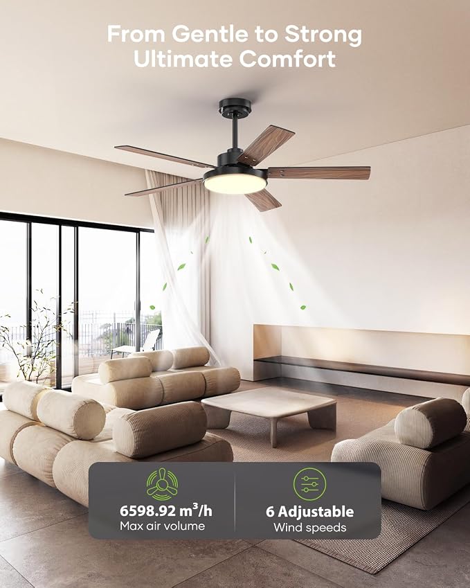 52 inch Black Ceiling fan with Light and Remote/APP, Ceiling Fans with Lights, 3CCT, Reversible 6 Speeds Quiet, Black Modern Ceiling Fan with Light for Indoor Outdoor Bedroom Patio Living Room