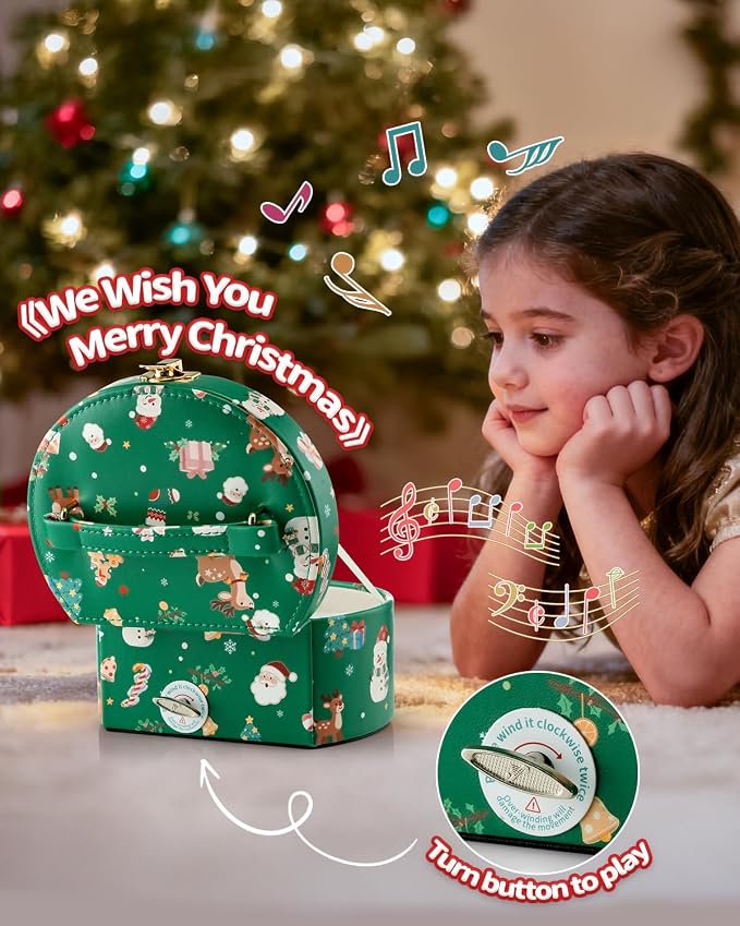 VLANDO Gifts for Girl, Musical Jewelry Box for Girls, Small Kid Music Box with Ballerina for Party Bedroom Decor, Gifts for Girls Kids - Christmas Green