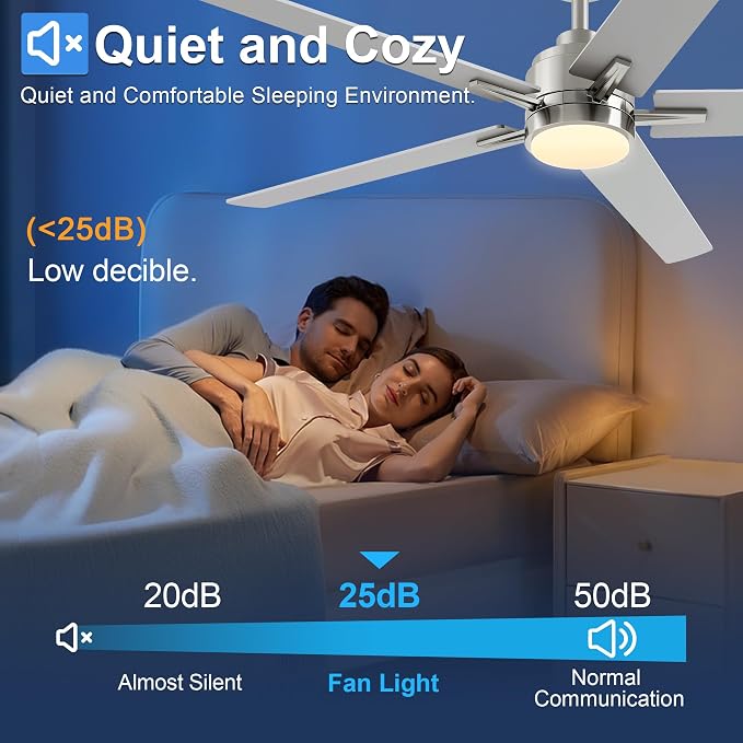 60 Inch Brushed Nickel Ceiling Fan with Light and Remote Control | 6 Speeds Reversible,Dimmable LED,3CCT,5 Blades,Quiet DC Motor Ceiling Fans for Indoor or Covered Outdoor Use