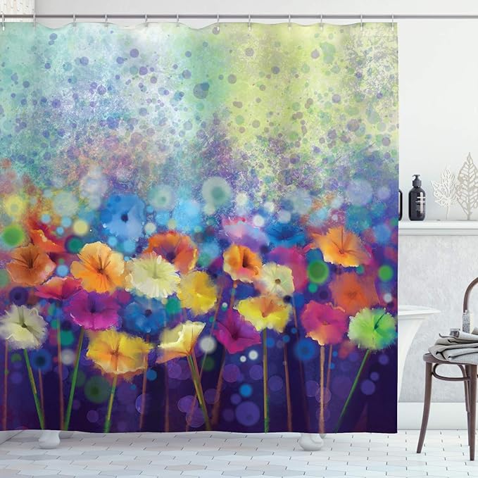 Ambesonne Spring Shower Curtain, Abstract Floral Petals in Misty Tones Daisy Gerbera Dandelion Blossom Meadow Paint, Cloth Fabric Bathroom Decor Set with Hooks, 69" W x 75" L, Purple Mint