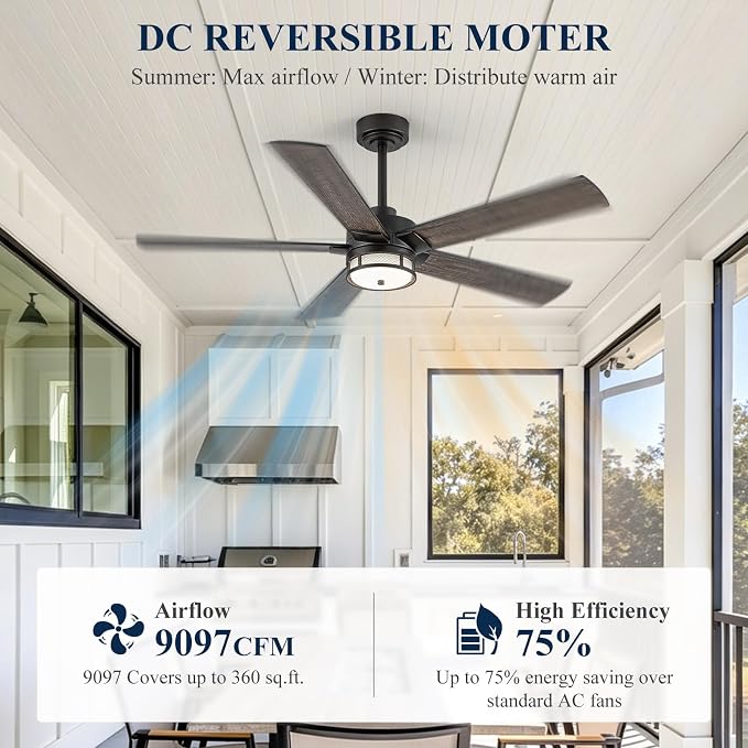 NORFOLK 52 Inch Outdoor Waterproof Ceiling Fans with Lights, Rustic Ceiling Fan and Remote for patios, Wet Rated 3 Color LED Lighting for Patios, Gazebos and Farmhouse