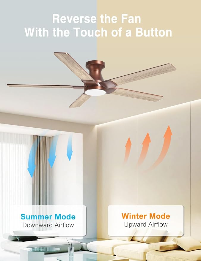 DAMINY 52 inch Brown Ceiling Fans with Lights,5 Blades,3CCT, Low Profile,Remote Control,for Bedroom, Kitchen,Living Room,Indoor/Outdoor Use,Flush Mount
