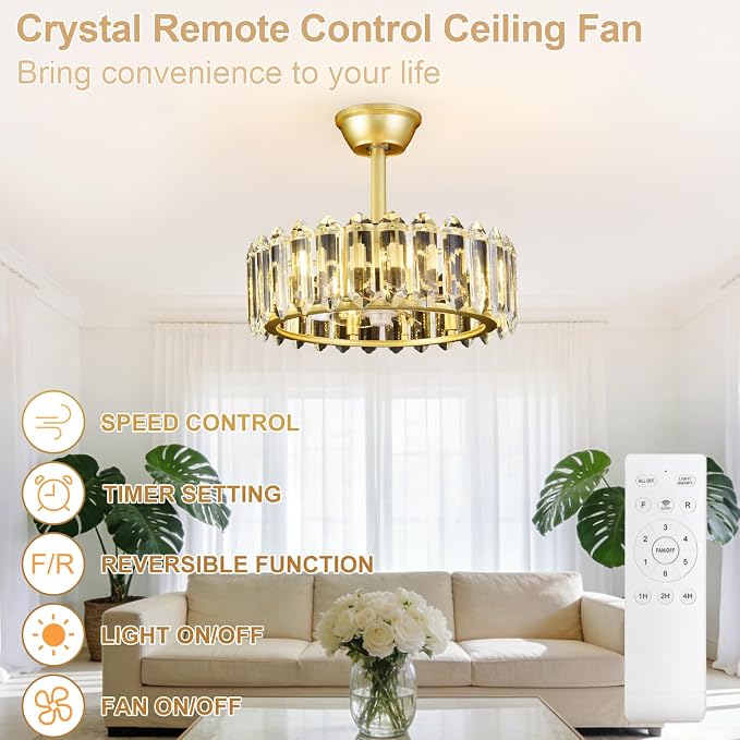 Depuley Bedroom Ceiling Fan with Lights: 18" Gold Chandelier Small Fan with Remote Control - Modern Crystal Fandelier for Girl's Bedroom Living Room Nursery (G9 Bulbs Not Included)
