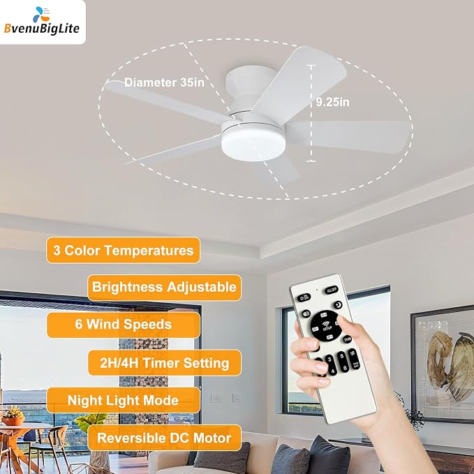 Ceiling fans with lights and Remote: 35 Inch Ceiling Fan with Light Low Profile - Flush Mount Ceiling Fan 5 Blades Reversible 3CCT Dimmable Noiseless for Bedroom (White)