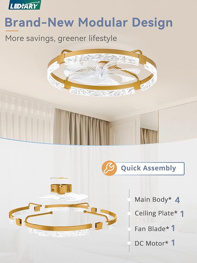 LEDIARY 24 Inch Low Profile Ceiling Fans with Lights and Remote, Flush Mount Fandelier Ceiling Fan, 3000K-6000K Dimmable LED Fan Light, Gold Modern Ceiling Fans with Lights for Bedroom