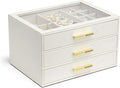VLANDO 3-Drawer Jewelry Box with Glass Lid, Faux Leather Organizer for Rings Earrings Necklaces and More, Gift-Ready Jewelry Case for Women Girls or Moms, Beige