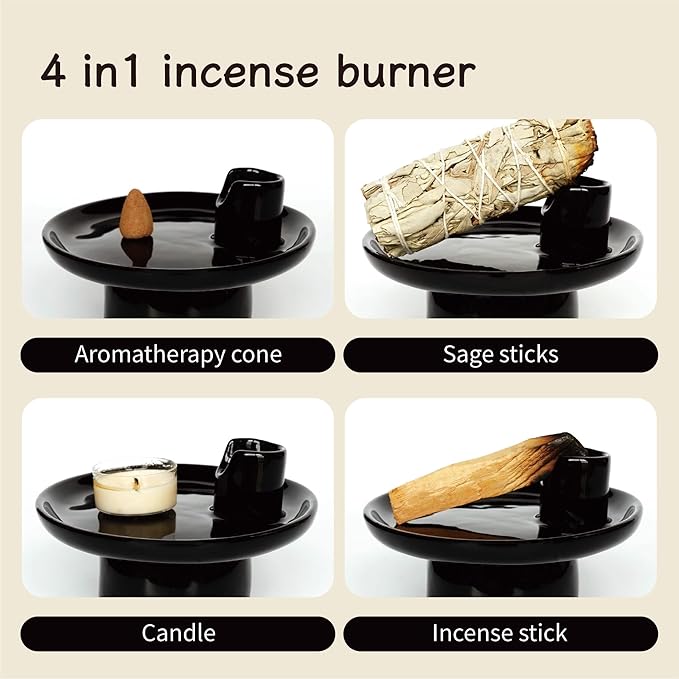 4-in-1 Ceramic Incense Burner Holder, 5-Inch Multipurpose Incense Ash Catcher for Sage, Palo Santo, Cone Incense and Candles (Black)