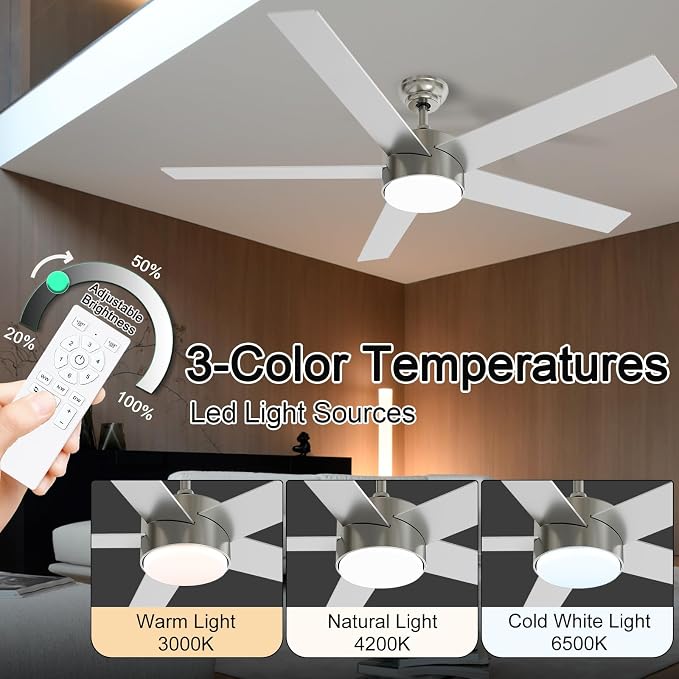POCHFAN 60 Inch Brushed Nickel Ceiling Fans with Lights and Remote Control, Quiet Modern Ceiling Fan for Bedroom, Living Room,Dining Room,Dimmable 3-Color Temperatures 6-Speed