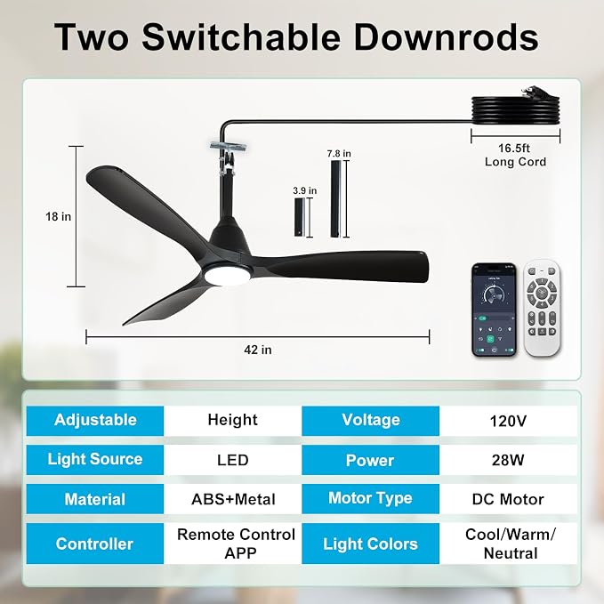 Depuley Plug-in Ceiling Fans for Patios: 42 Inch Outdoor Indoor Gazebo Fans with Lights with Remote & APP Control - 6 Speeds Reversible Black 3 Blades Fandelier Ceiling Fan Hanging Hook Type Fan