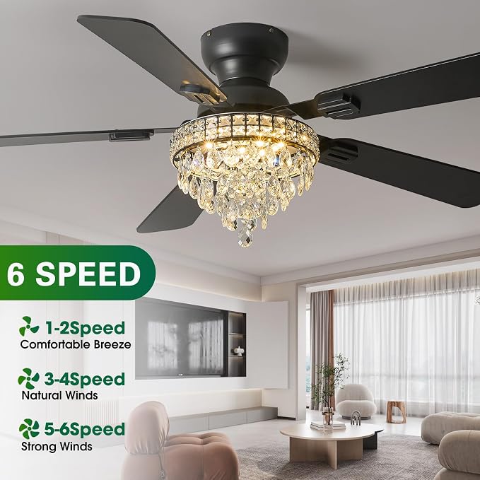 52“ Crystal Ceiling Fans with RGB Lights, Remote/App Control, Modern Fandelier Ceiling Fan Flush Mount, Reversible DC Motor, Dimmable, Bedroom Chandelier Fan, (Black)