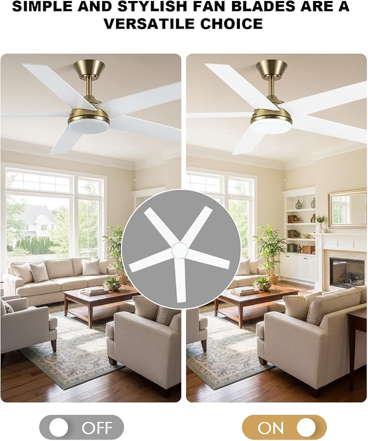 Bella Depot 52 Inch White and Gold Ceiling Fan with Light, Modern Brass Ceiling Fan with Dimmable LED Light, Chandelier Fan with Quiet DC Motor for Living Room, Bedroom, Kitchen