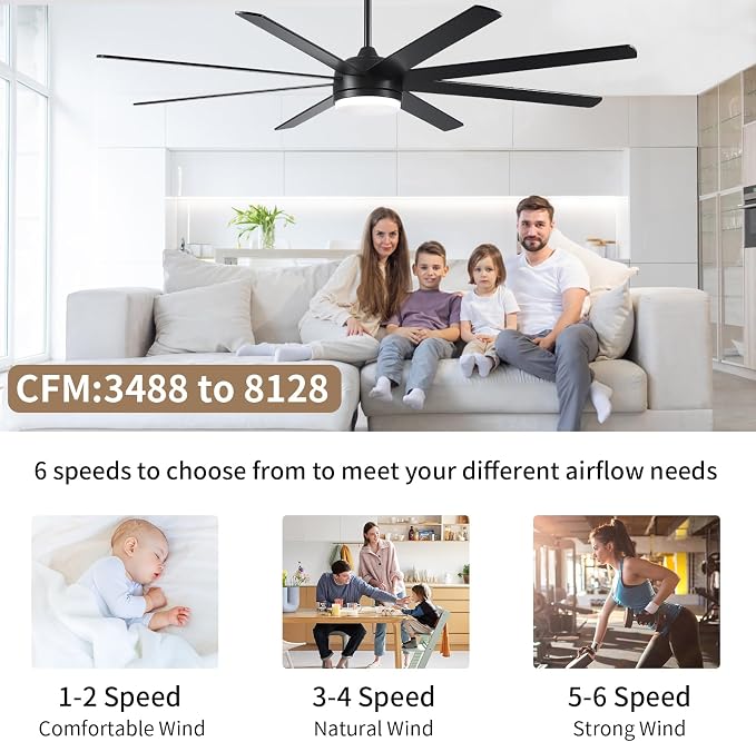YUHAO 72 Inch Black Ceiling Fan with Light and Remote Control.Noiseless,Dimmable,3CCT,6 Speeds Reversible, DC Ceiling Fans for Indoor or Covered Outdoor Use.ETL Listed