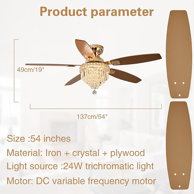 Crystal Ceiling Fan Fandelier with Lights-Ceiling Fans with Lights,54" Low Profile and Remote Control, Flush Mount, Reversible, Dimmable, Noiseless,Gold Ceiling Fan for Bedroom