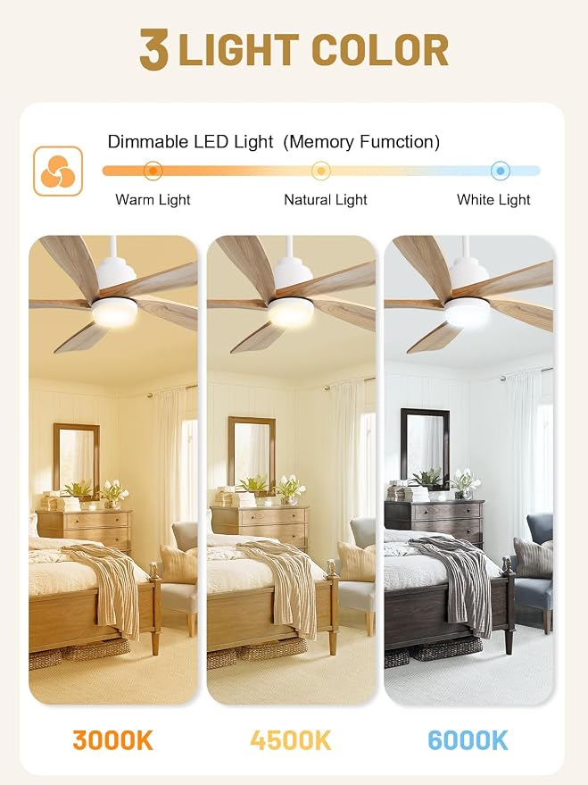 Sofucor Ceiling Fan with Lights and Remote, 52 Inch Modern Wood Ceiling Fan for Indoor Farmhouse Bedroom Living Room Outdoor Patio Porch (Natural Wood, 52 IN)