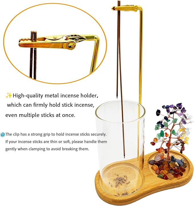 Upside-Down Hanging Incense Stick Holder with 7 Chakra Crystal Tree Design, Glass Ash Catcher & Wooden Base - Aromatherapy Accessory for Meditation, Yoga & Home Decor