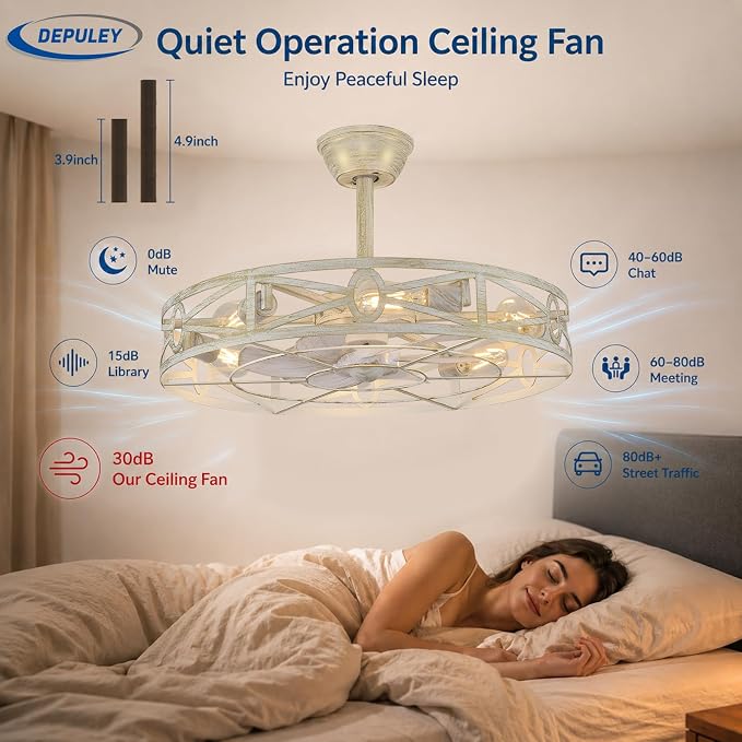 Depuley Caged Ceiling Fans with Light: 24-Inch Cement Enclosed Farmhouse Fandelier for Kitchen Bedroom - Industrial Semi Flush Mount Ceiling Fan with Remote 6 Speeds Reversible Motor Timer