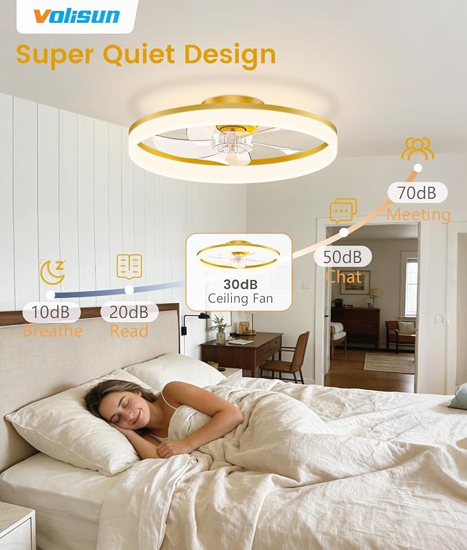VOLISUN Low Profile Ceiling Fans with Lights and Remote, 20in Fandelier Ceiling Fan Flush Mount, 3000K-6500K Smart Bladeless LED Fan Light, Gold Modern Ceiling Fans with Lights for Bedroom