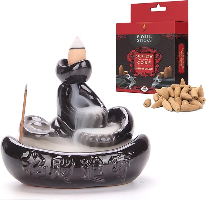 SOUL STICKS Backflow Incense Holder Burner Waterfall Fountain for Home, Office, Yoga, Room Decor & Aromatherapy with 1 Pack of 10 Backflow Fragrance Cones Included (Dragon Falls)