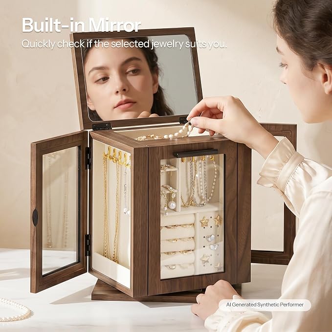 HOOBRO 360° Rotating Jewelry Box with Mirror, Jewelry Organizer with 4 Drawers, 3 Transparent Acrylic Doors, Wooden Jewelry Storage Box for Necklaces, Rings, Bracelets, Earrings, Walnut BH31JB04
