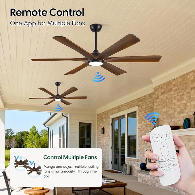 60 Inch Ceiling Fan with Light and Remote, Rustic Farmhouse Style, 6 Brown Solid Wood Blades, ETL Listed Quiet DC Motor, High 8268 CFM, for Indoor Living Room, Damp Rated for Covered Outdoor Patio
