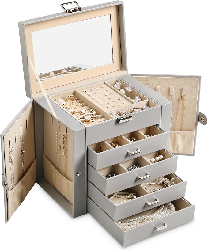 Frebeauty 5-Layer Jewelry Box for Women,Jewelry Organizer with 4 Drawers | Faux Leather,Built-in Mirror,Spacious Jewelry Storage,16 Necklace Hooks,Organizing by Category for Rings Earrings Bracelet