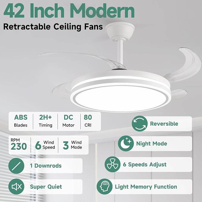 Retractable Ceiling Fans with Lights and Remote, 42 Inch White Chandelier LED Fan, 20W Energy Saving,Memory Function,Timer Setting,Ultra Quiet Invisible Blades Fan for Kitchen, Bedroom