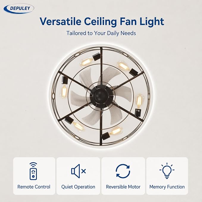Depuley Caged Ceiling Fans with Light: 24-Inch Bronze Metal Enclosed Farmhouse Fandelier for Kitchen Bedroom - Industrial Semi Flush Mount Ceiling Fan with Remote 6 Speeds Reversible Motor Timer