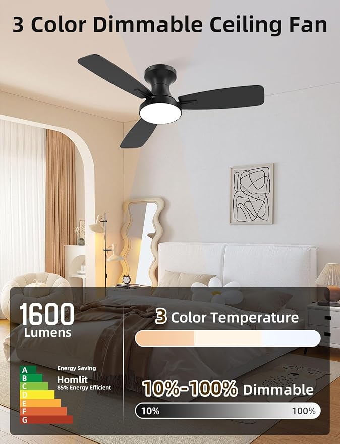 42 inch Smart Ceiling Fan with Light, Low Profile Flush Mount with Remote Control, Ultra-Quiet Reversible DC Motor, 3 Color Temperatures & 6 Speed Dimmable Lighting for Bedroom, Black