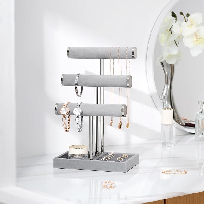 Jewelry Organizer Stand Display, 3 Tier Velvet Bracelet Holder, Grey | Jewelry Organizers and Storage | Jewelry Tree | Jewelry Towers for Necklaces, Bracelets, Earrings, Rings