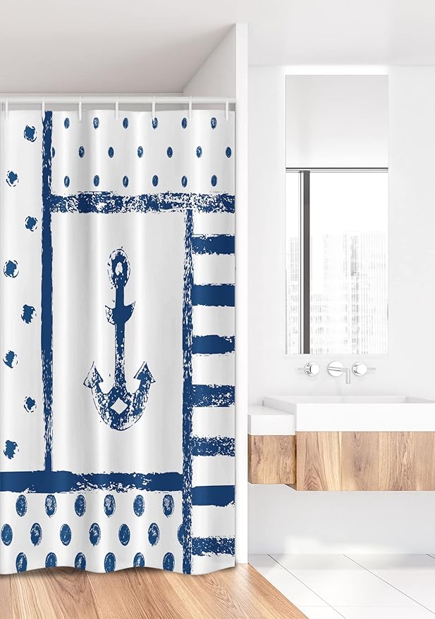 Ambesonne Anchor Stall Shower Curtain, Grunge Murky Boat Marine Silhouette Polka and Stripe Retro Navy Theme Art, Fabric Bathroom Decor Set with Hooks, 36" W x 72" L, Dark Blue White
