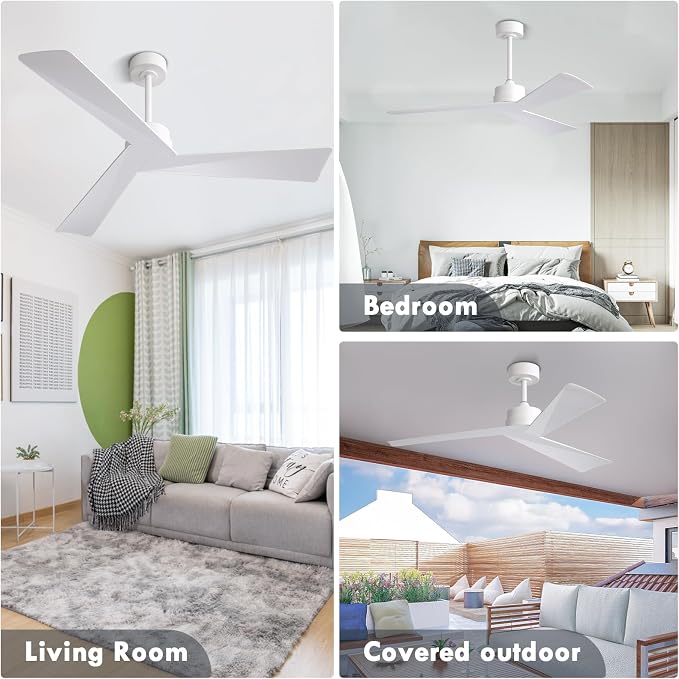 WINGBO 52" DC Ceiling Fan without Lights, White Ceiling Fan with Remote, 3 ABS Plastic Blades, 6 Speed Reversible DC Motor, Ceiling Fans No Light for Kitchen Bedroom Living Room