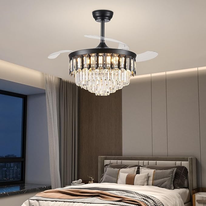 TXCSLY 48" Fandelier Ceiling Fan with Light, Crystal Chandelier Fan with Retractable Blades Dimmable Crystal Ceiling Fan Chandelier for Bedroom Living Room Dining Room-Black