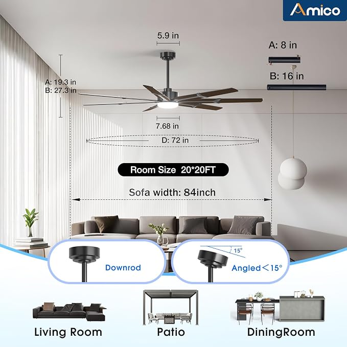 Amico 72 Inch Ceiling Fans with Lights and Remote, Indoor Outdoor Ceiling Fan for Patio Living Room, Kitchen, Quiet 6-Speed Reversible DC Motor, Dual-Sided Blades, Modern Farmhouse Dimmable & 3CCT