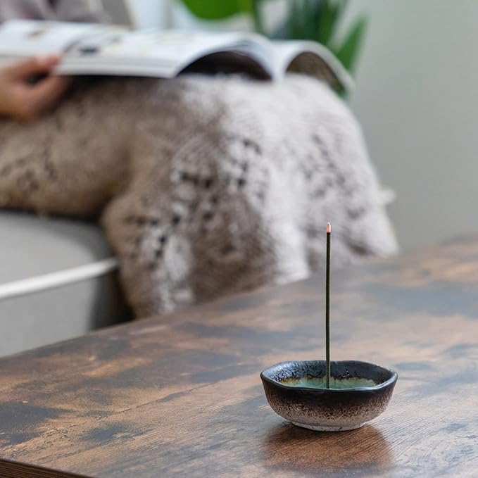 Asayu Japan Small Mini Incense Holder for Sticks, Nature Aquamarine Color, 3.3 inch (83mm), Made in Japan Ceramic Ash Catcher & Brass Incense Burner Set for Relaxation, Meditation, Office & Home Decor