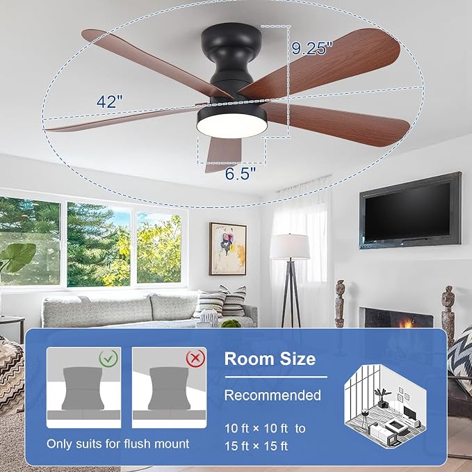 Depuley Small Ceiling Fan with Lights: 42-Inch Flush Mount Fan with Light and Remote - Low Profile Ceiling Fans Reversible Quiet DC Motor for Bedroom Living Room Indoor Outdoor, Walnut