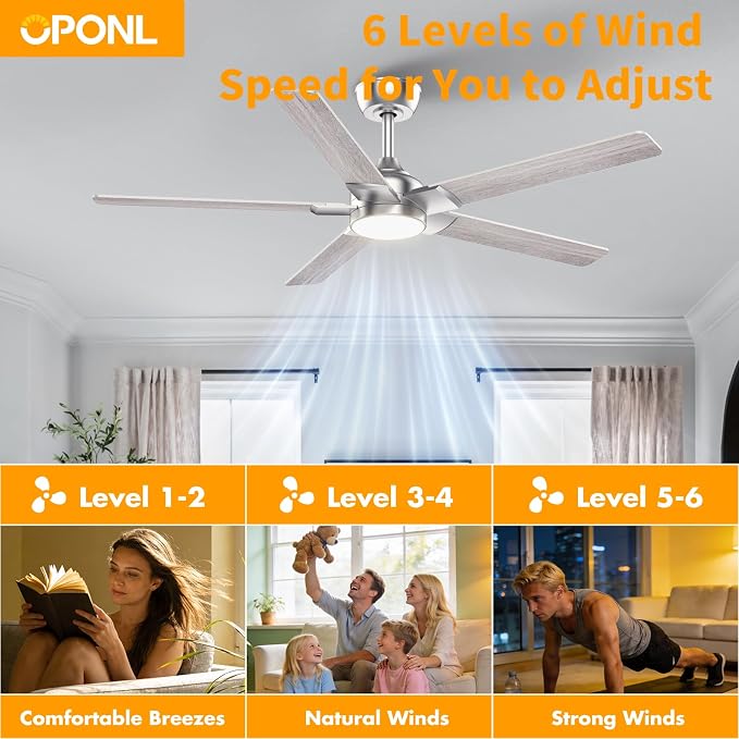 OPONL Ceiling Fan with Light, Ceiling fan with Light and Remote Control, Reversible, 6CCT, Dimmable, Noiseless, Ceiling Fan for Bedroom, Indoor/Outdoor Use, Nickel, 52 inch, Modern