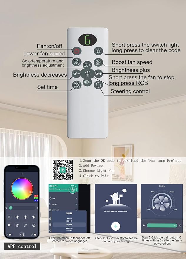 JSAITEE 52 inch Ceiling Fan with Light, 6 Speeds Reversible Low Profile Ceiling Fan with Light and Remote/APP Control, 3 Color Temp+Dimmable RGB, 8 Blades, Flush Mount Quiet Ceiling Fans, Black
