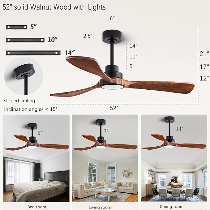 52inch Quiet Ceiling Fan Light with Remote Control in Walnut Finish | 3CCT Ceiling Fans Light, with full memory function, suitable for living rooms, bedrooms, outdoor areas, hallways, and more