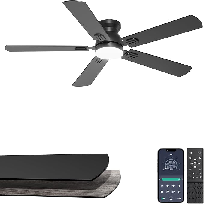52'' Flush Mount Ceiling Fan with Lights, Space-Saving Low Profile for Low Ceilings, App/Remote Control, Safe Quiet DC Motor for Bedroom Living Room, Dimmable, Black