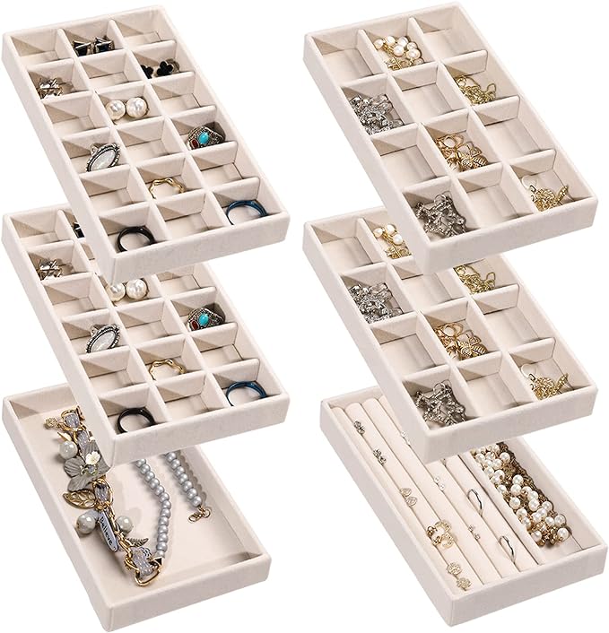 Frebeauty Jewelry Trays for Drawer,Set of 6 Jewelry Organizer and Storage | Velvet Material,Earring Holder Organizer,Stackable Jewelry Display for Vanity,Drawer Inserts for Rings,Studs,8.3×4.9 inch