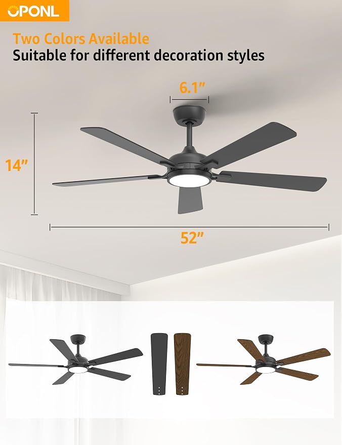OPONL Ceiling Fan with Light, Ceiling fan with Light and Remote Control, Reversible, 6CCT, Dimmable, Noiseless, Ceiling Fan for Bedroom, Indoor/Outdoor Use, Black, 52 inch, Classic