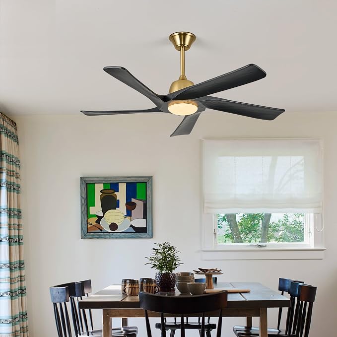 52 Inch DC Ceiling Fan with Light, 5 Solid Wood Blades, Remote and APP Control, 3-color Dimmable, 6-speed Reversible, Noiseless Ceiling Fan for Bedroom, Living Room, Black Gold