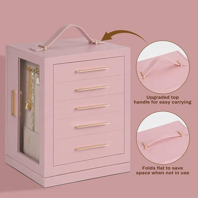 360° Rotating 5‑Drawers Jewelry Box with Top Handle & Glass Window, Spacious Vertical Jewelry Organizer, Jewelry Storage Case, Dustproof & Moisture‑resistant Design. (Pink)