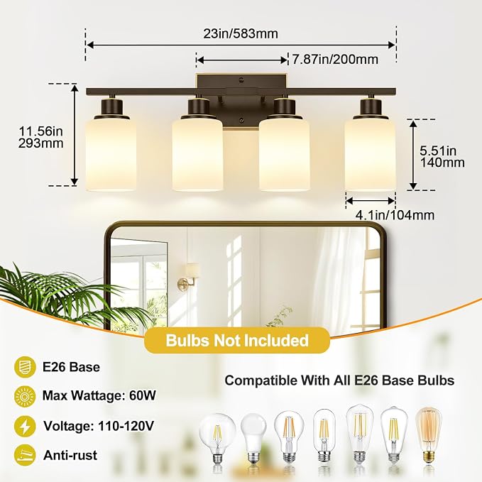 Indoi 4-Light Bathroom Light Fixtures, Oil-Rubbed Bronze Modern Vanity Lights with Milky White Shades, Bathroom Wall Lamp for Mirror Living Room Cabinet Bedroom Porch