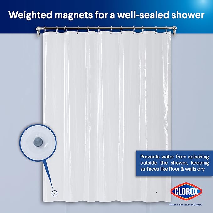 Clorox Shower Curtain Liner, Premium Heavyweight Durable Waterproof 8g PEVA for Bathroom with Weighted Magnets, Standard Size 72" x 72", Clear 1 Pack