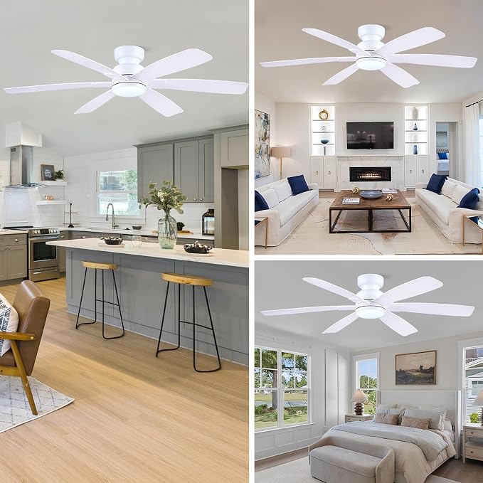 Kviflon 52 Inch Modern Ceiling Fans with Lights Remote Control, Low Profile Flush Mount, 6 Reversible Plastic Blades, 6 Speeds, 3CCT Dimmable LED Lights for Bedroom Kids Room, White